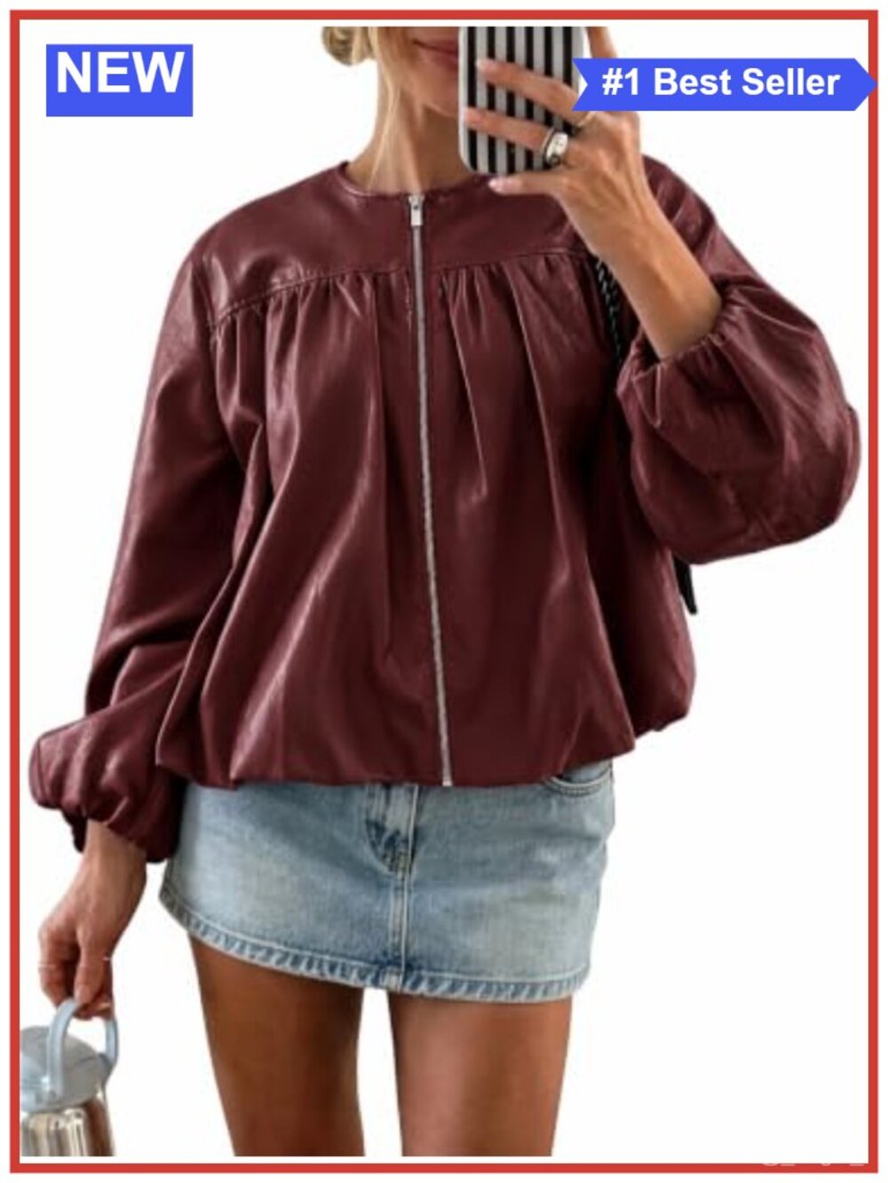 Faux Leather Zip Up Bomber Jacket Bubble Hem Cropped Coat